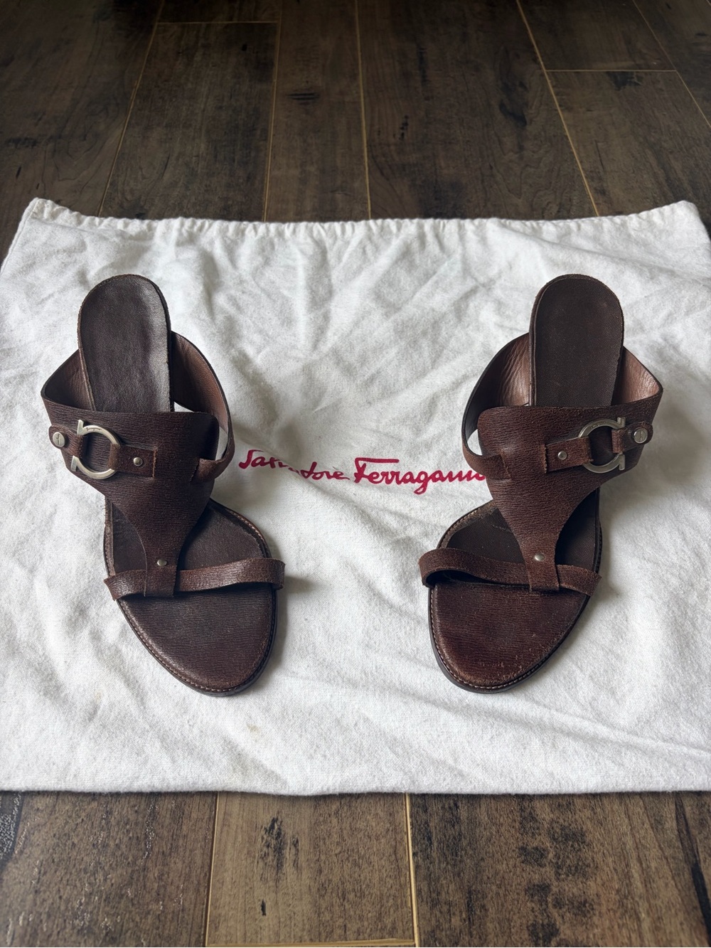 Salvatore Ferragamo Dark Brown Leather Slide Mules with Signature Gancini